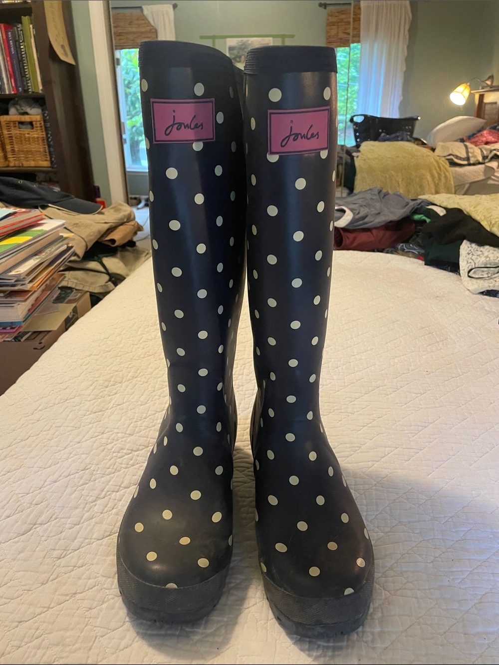 Joules Navy Polka Dot Tall Rain Boots with Pink Logo